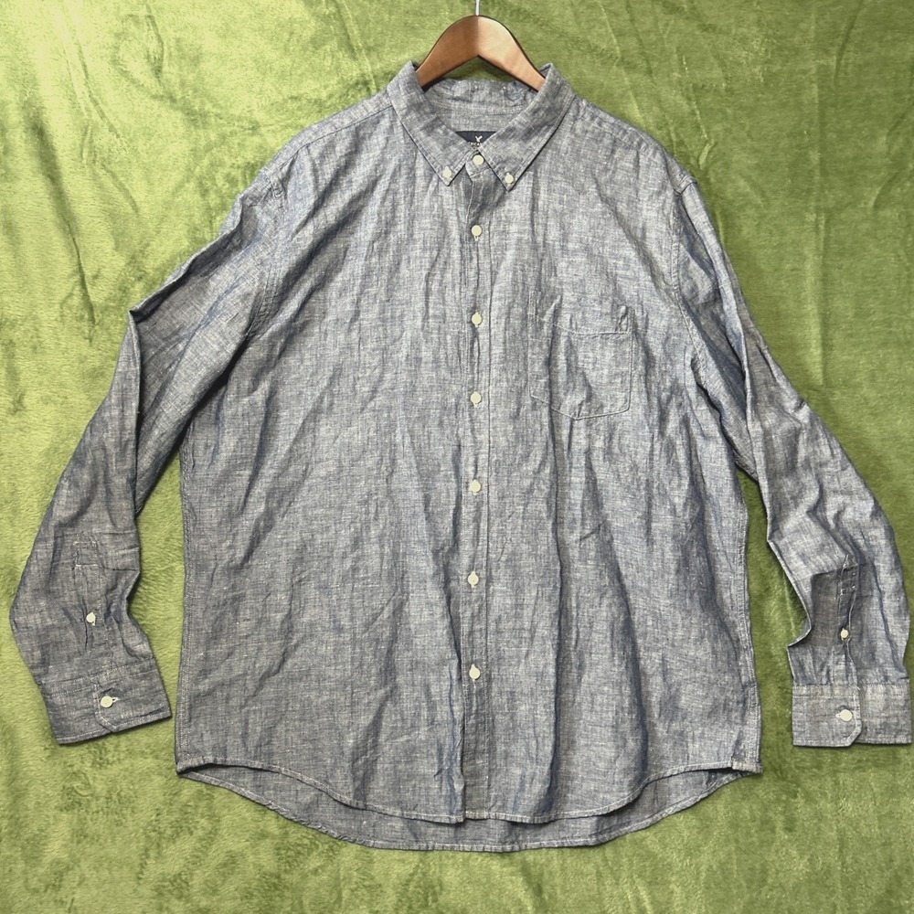 American Eagle Mens Long Sleeve Shirt Size XXL Button Down Denim Preppy Linen